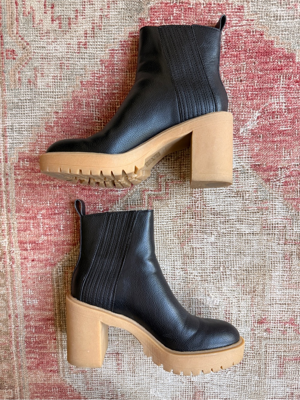 Dolce Vita Black Leather Block Heel Ankle Boots with Tan Lug Sole